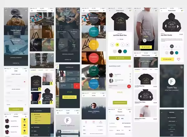 新鲜时尚的服饰类APP UI KITS文件打包下载[PSD]