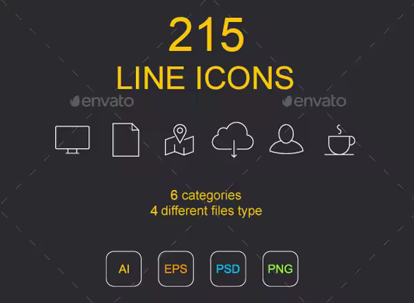 线框图标素材包 215 Line Icons（PSD, EPS, AI, JPG&PNG）
