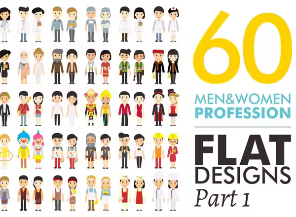 60枚各类职业形象两性性别扁平化图标 60 Men&Women Profession Flat Designs