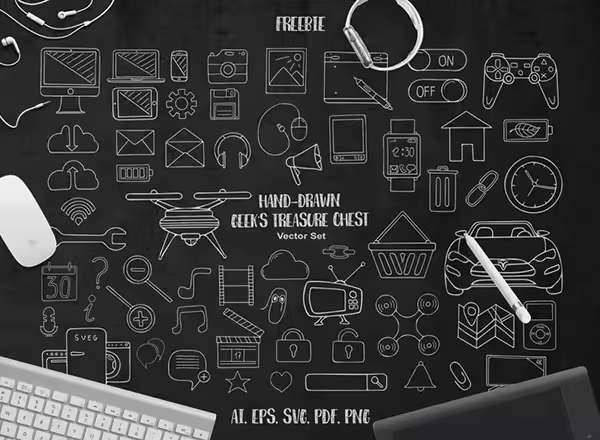 手绘调皮风格图标合集 Hand-drawn Geek’s Treasure Chest (AI, EPS, PDF, SVG, PNG)