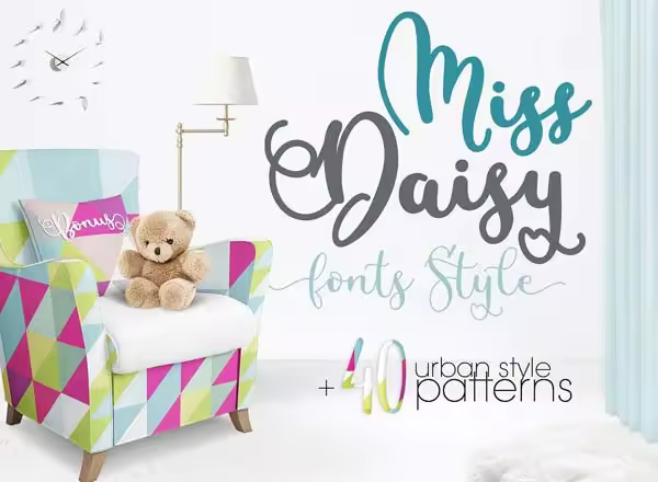 充满浪漫气息的手写英文字体+可爱风纹理素材 Miss Daisy Fonts+Patterns+Freebies