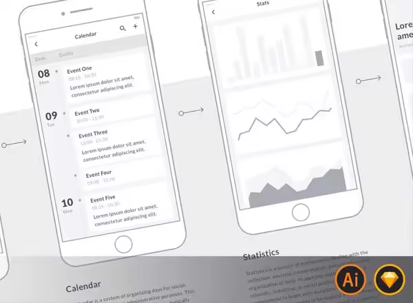 90+手机 APP 界面线框图套件 Mobile Wireframe Kit [AI&Sketch]