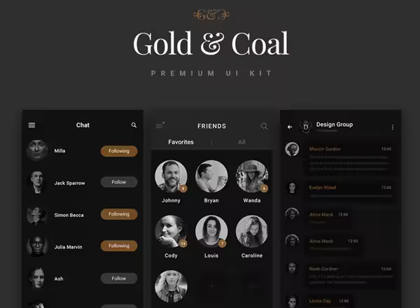 即时聊天工具应用界面 UI 套件 Chat & Messages – Gold & Coal UI Kit