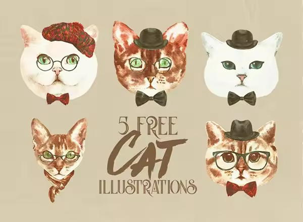 一组可爱的手绘猫猫脸插图 Free Cat Characters