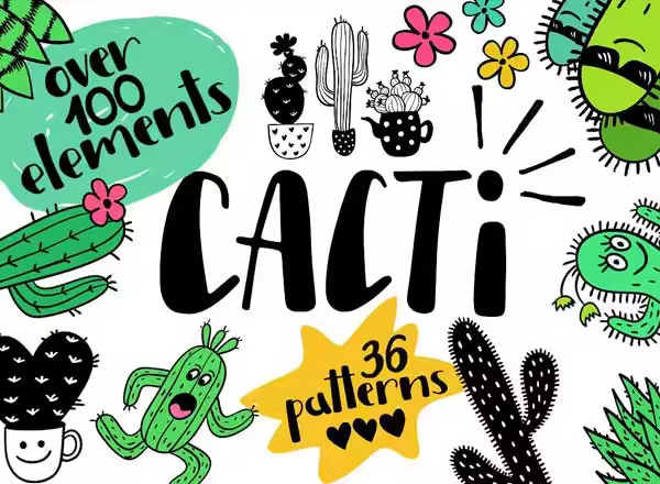 数十种手绘仙人掌盆栽矢量素材 Cacti [矢量图案+纹理]