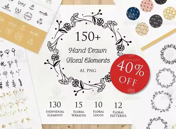 手绘花卉元素 Hand Drawn Floral Elements