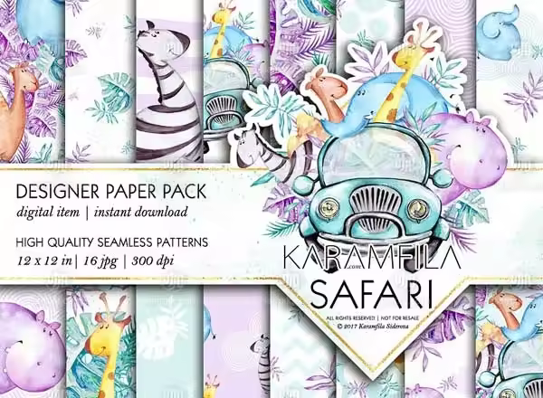 婴儿动物水彩纹理背景素材 Jeep Safari Patterns Baby Animals