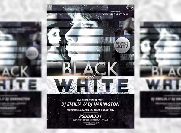 优雅并酷酷的黑白风格海报/传单 Black and White Club Flyer Free PSD