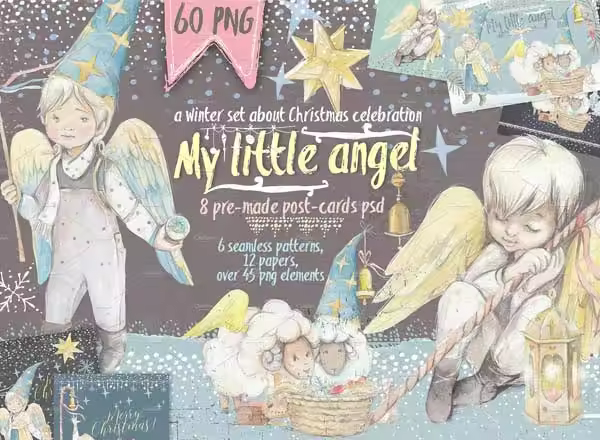 圣诞节日素材-手绘水彩天使素材包 “Little angel”[1.33GB, 贺卡模板+无缝纹理+Page+元素]
