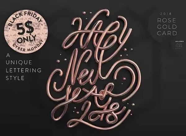 2018年玫瑰金祝福语新年贺卡设计[psd,c4d]