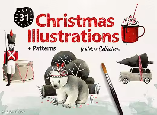 Christmas Illustration Inktober漂亮实用的圣诞节手绘插画素材合辑下载[psd,png]