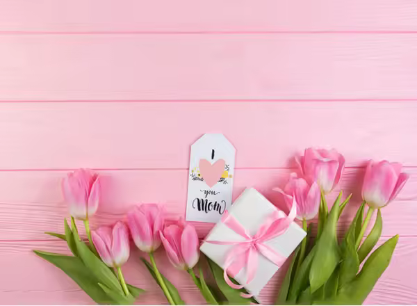 母亲节粉红色康乃馨超高清图 Floral mothers day concept with gift box