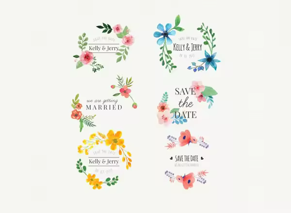 6个水彩婚礼标签 Floral watercolor wedding stickers set