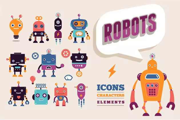 复古老式机器人图标集 Vintage robots set