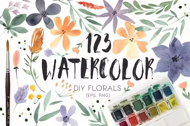 DIY水彩花叶系列元素合集 123 DIY Watercolor Flowers (EPS,PNG)
