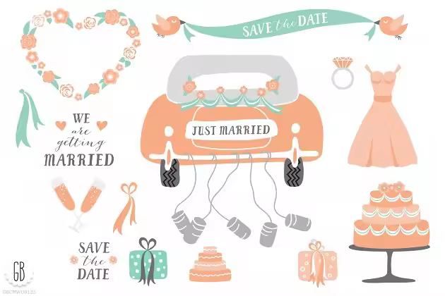 婚礼婚庆剪切画素材 Just married wedding clip art