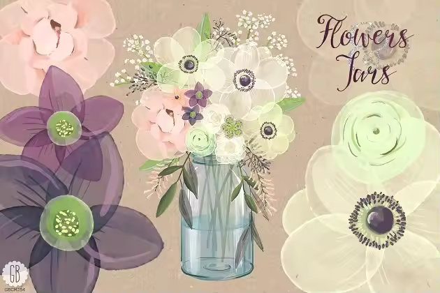 水彩银莲花（海葵）插花插画 Watercolor anemones baby breath jar