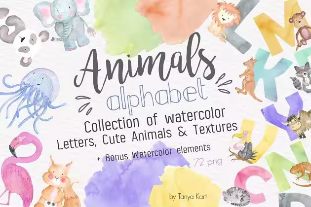 字母、可爱动物水彩图案&纹理 Alphabet Watercolor Animals Kit