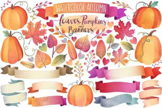 秋天树叶&Banner水彩剪贴画  Watercolor Autumn Leaves & Banners