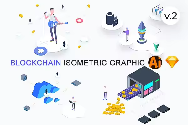 小咖下午茶：一套完美的区块链Blockchain概念特征矢量2.5D插图下载[Ai,Sketch](第二部分)