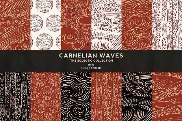 优雅手绘日本波浪插图 Carnelian Waves in Golden Foil