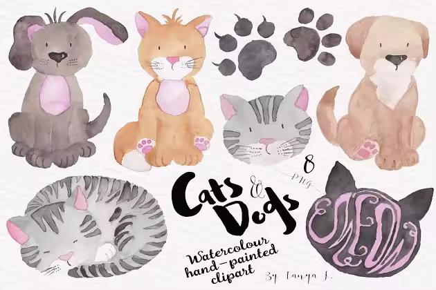 猫＆狗水彩艺术卡通化剪贴画 Cats and Dogs Watercolour Clipart