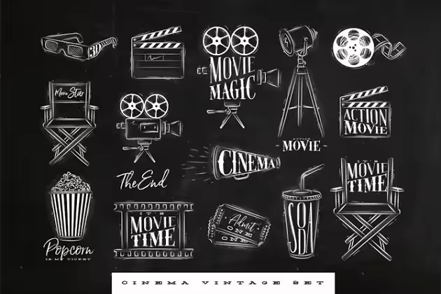 复古黑白电影投放机剪贴画 Cinema Vintage Set