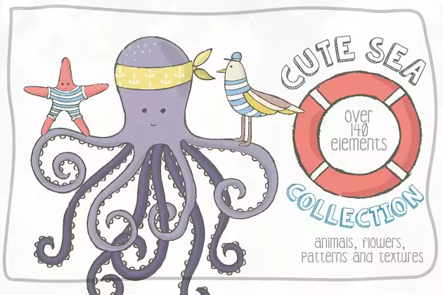 可爱海洋生物手绘插画剪贴画 Cute Sea Collection Pro