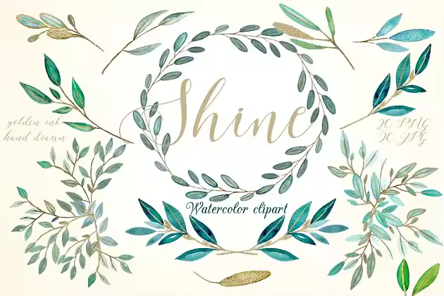 金粉薄荷叶水彩剪贴画 Shine gold mint leaves Watercolor