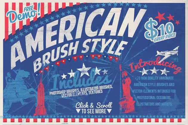 美式风格手绘纹理AI笔刷 American Brush Style + Bonus