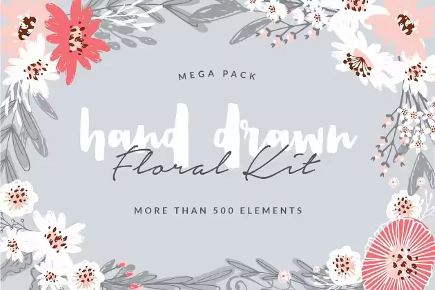 手绘花卉插画元素合集 Hand Drawn Floral Kit