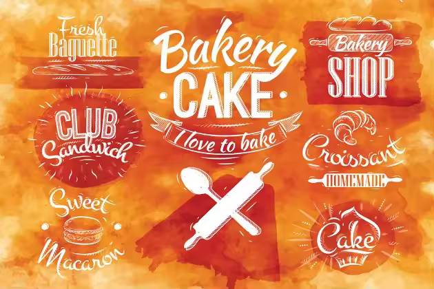 复古手绘面包店烘焙符号设计插画 Bakery characters retro
