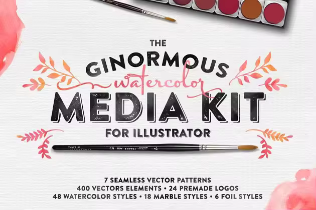水彩风格设计工具包[对象/纹理/Logo模板] The Watercolor Media Kit (for AI)