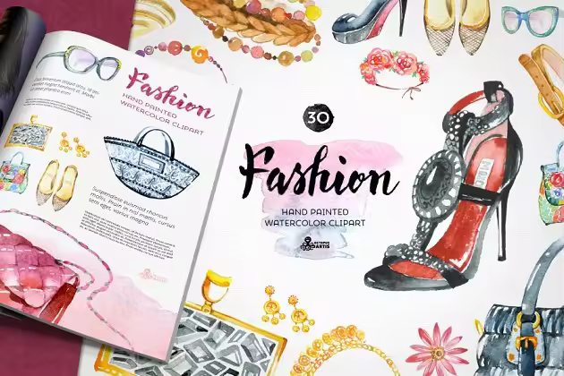 手绘时尚饰物饰品插画素材 Fashion Watercolor Clipart
