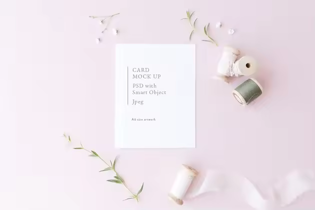 A6规格卡片展示样机 A6 card mock up pink background