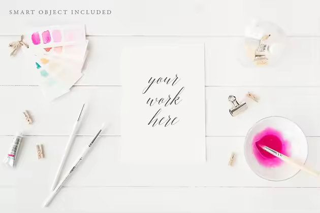 水彩艺术作品设计便签样机模板 Watercolour artist mock up