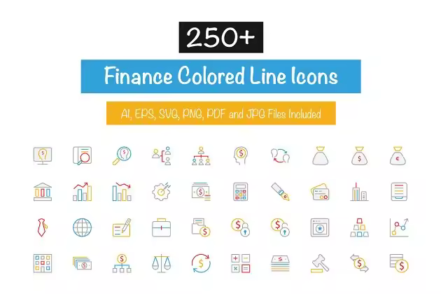 250+金融银行主题多彩线条图标素材 250+ Finance Colored Line Icons