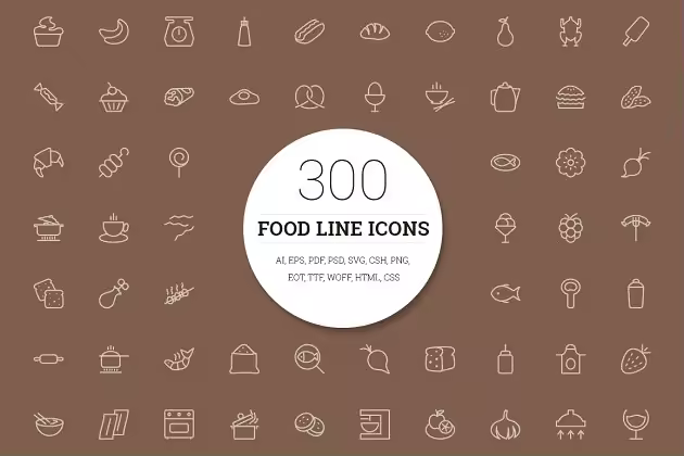 300枚食物主题线条图标 300 Food Line Icons