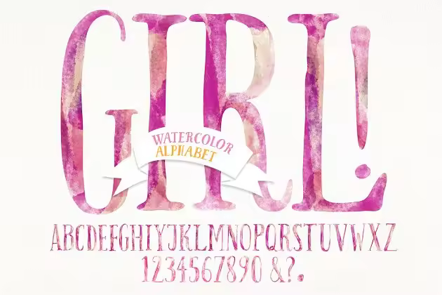 可爱少女色彩风格水彩字母素材 Watercolor baby girl alphabet