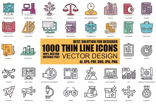 1000枚扁平化风格线条图标合集 Flat Line Icons