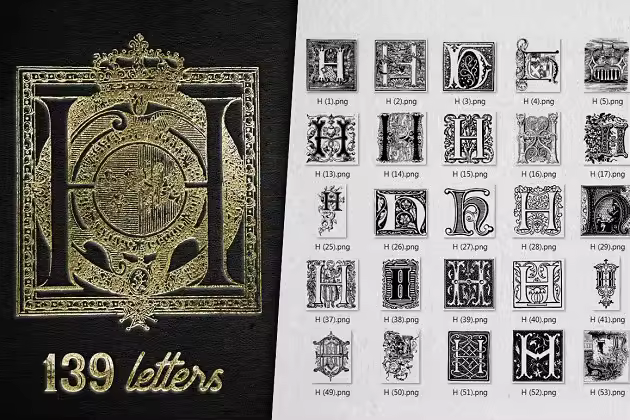 复古花体英文字母H装饰素材套件 Vintage Letter H Decorative Alphabet