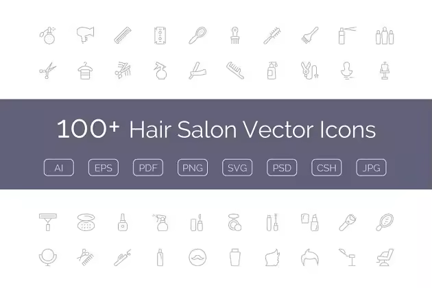 100+美发沙龙主题工具矢量图标 100+ Hair Salon Vector Icons