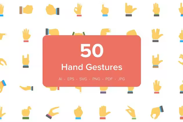 50个手势平面图标集 50 Hand Gesture Flat Icons Set