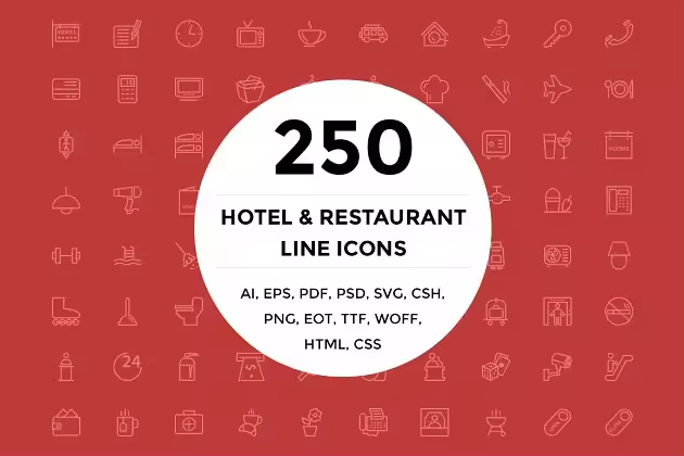 250枚高端酒店＆餐馆线条图标素材 250 Hotel and Restaurant Line Icons