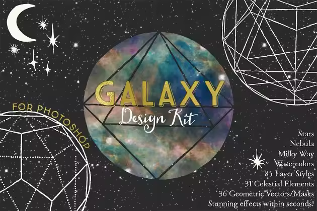 恒星、星系和宇宙场景图层纹理/矢量图形 Galaxy Design Kit for Photoshop