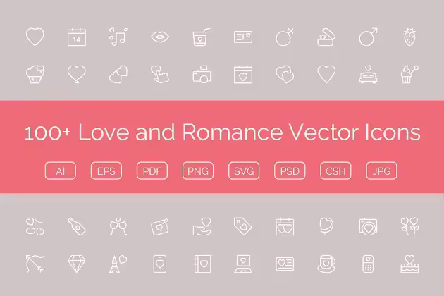 100+爱情和浪漫主题矢量图标 100+ Love and Romance Vector Icons