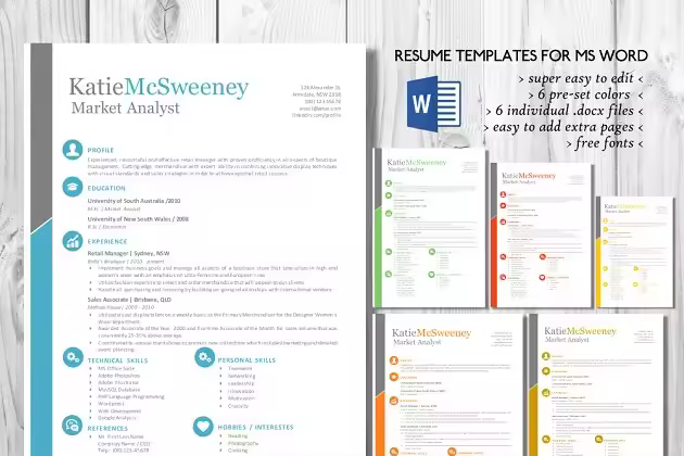 2合1简约Word简历模板（6种配色） Simple easy edit 2 in 1 Word resume