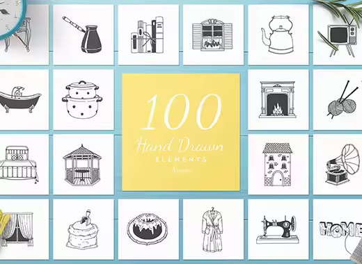 100个手绘家居用品的矢量图形素材下载[psd,ai,eps,png]