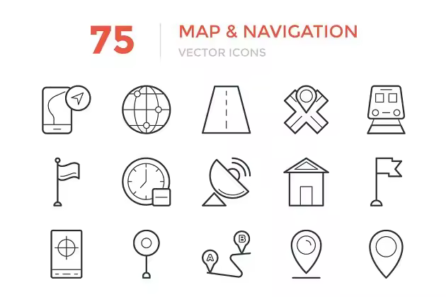 75个地图和导航矢量图标 75 Maps and Navigation Vector Icons