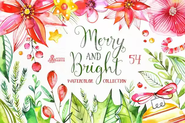 欢快明亮水彩花卉插画 Merry And Bright. Watercolor
